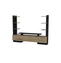 Mueble TV de Nogal y Negro, 183,6x31,5x140cm, con 2 Puertas Abatibles y Múltiples Estantes – Mueble de salón completo Moderno.